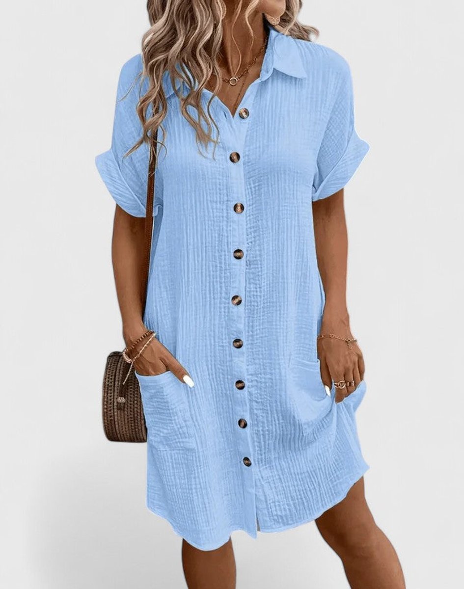 Vestido de verano camisero, corte holgado para mujer. Fresco y cómodo, perfecto para diario.