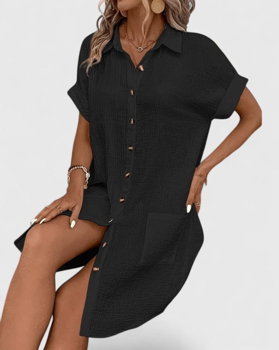 Vestido casual de algodón para mujer, diseño camisero holgado y elegante. Perfecto para el verano.