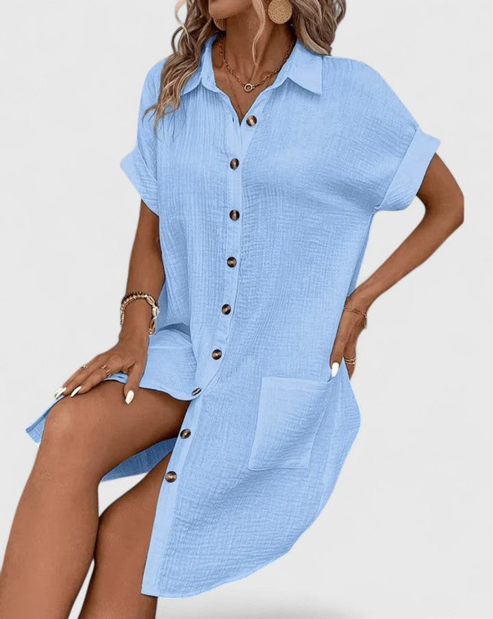 Vestido holgado de manga corta para mujer, estilo camisero de algodón, muy fresco. Look casual.
