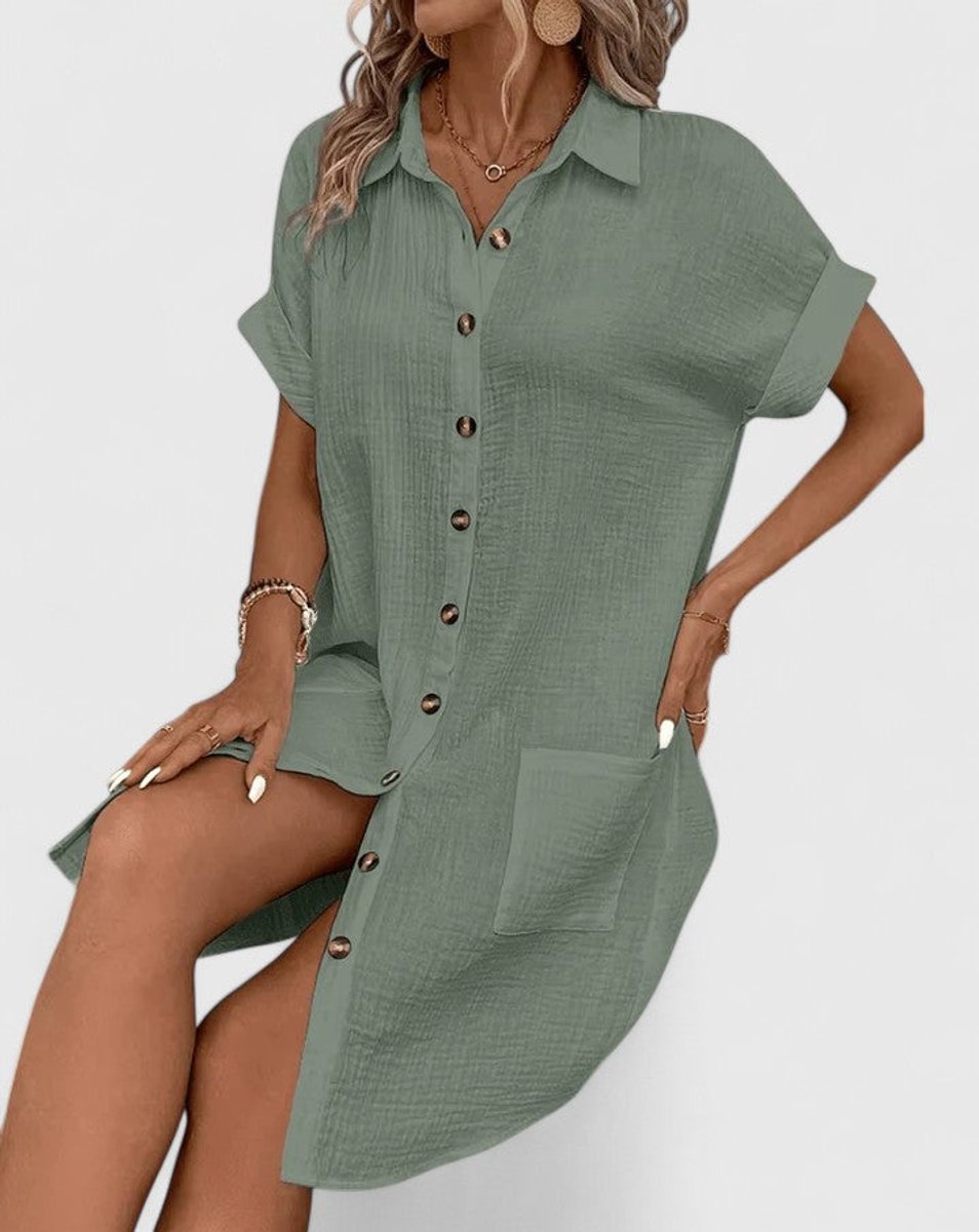 Vestido camisero de verano para mujer, tejido fresco, diseño holgado y casual. Confort y estilo.