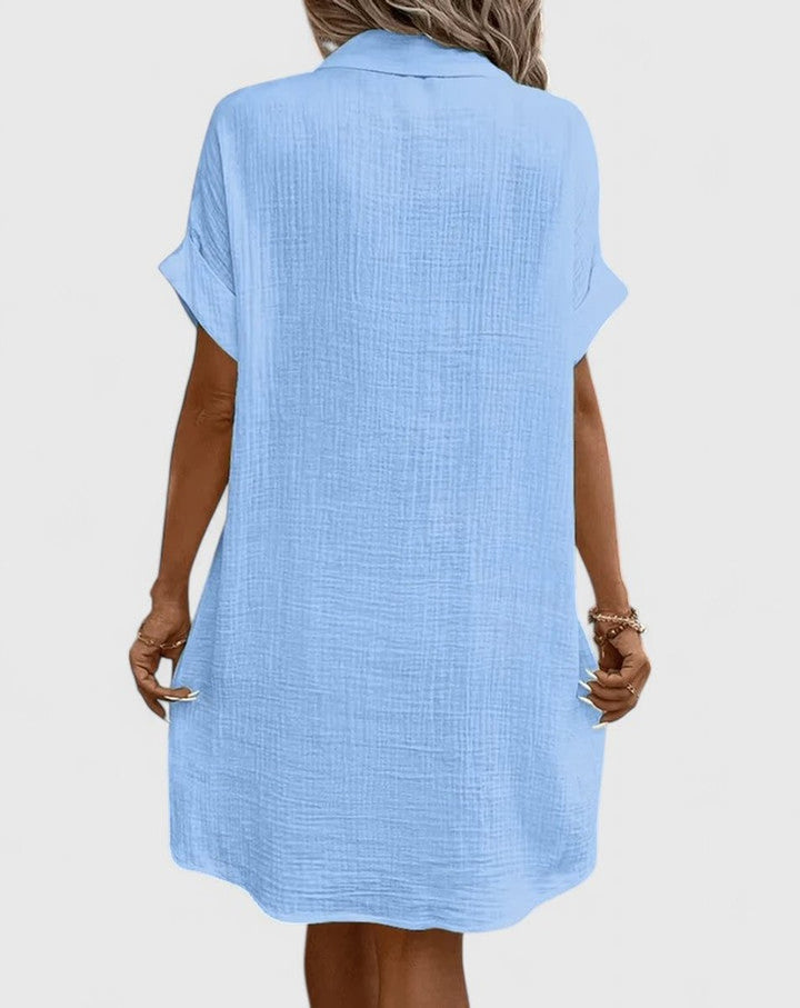 Vestido casual elegante para mujer, camisero holgado y fresco, manga corta. Confort de verano.