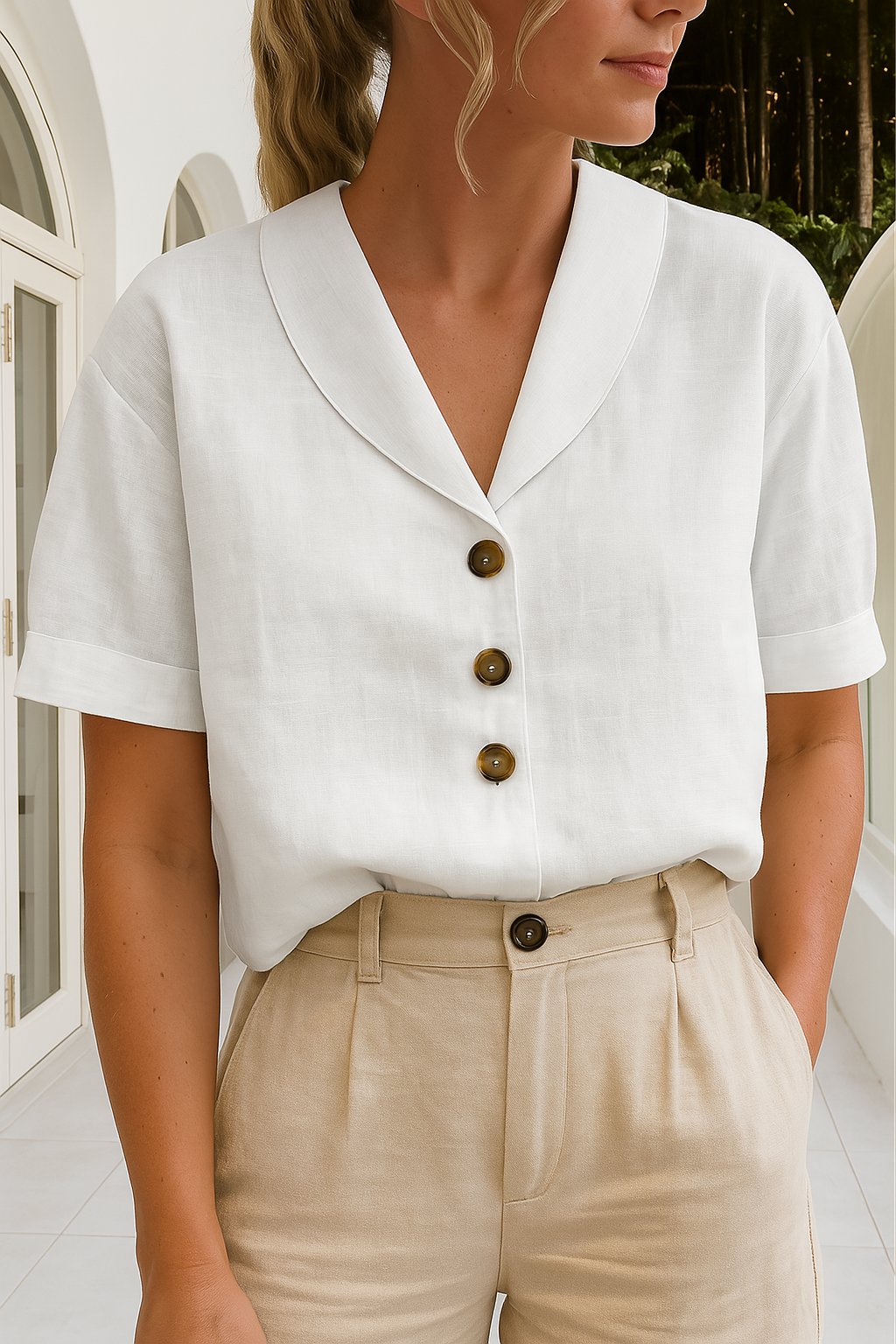 Blusa elegante de manga corta para mujer con cuello camisero. Ideal para oficina o casual en primavera-verano.