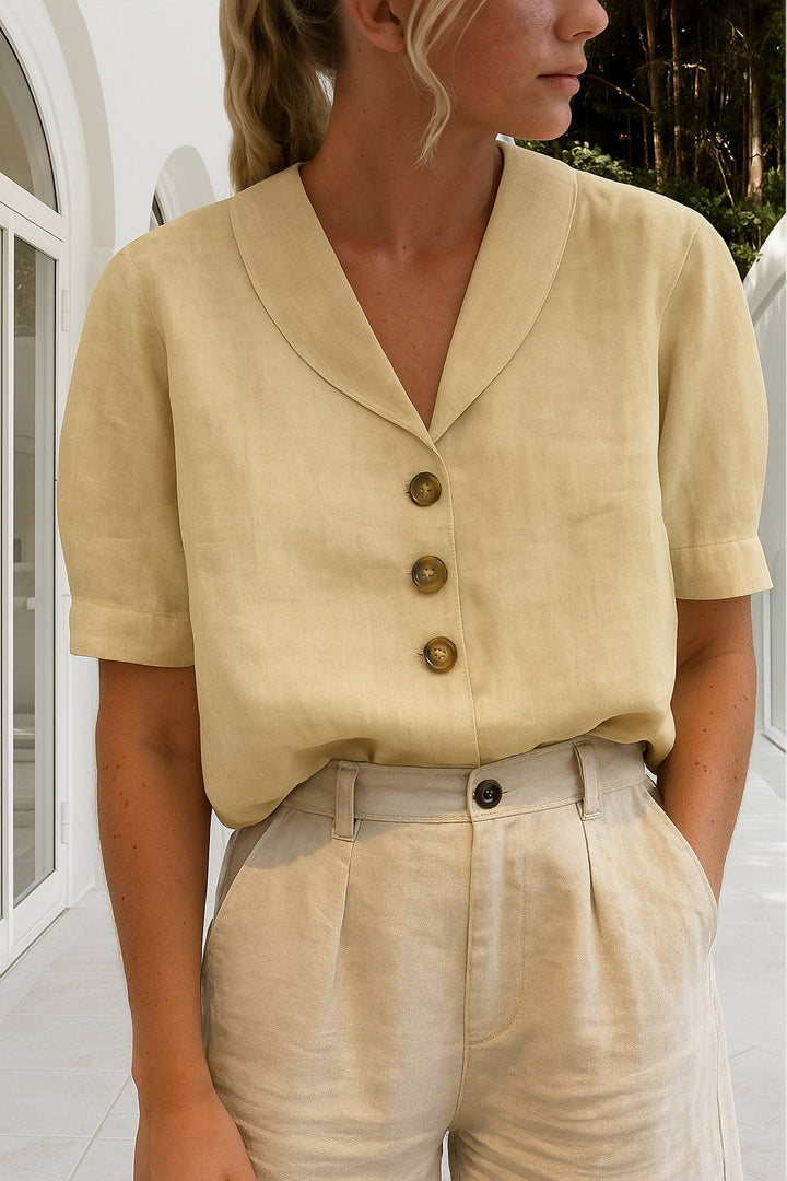 Top versátil de mujer: blusa casual con botones, manga corta y cuello camisero. Perfecta para verano y oficina.