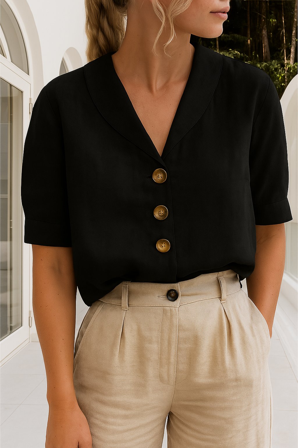 Blusa de mujer con cuello camisero y manga corta, estilo relajado. Moda elegante y cómoda para primavera-verano.