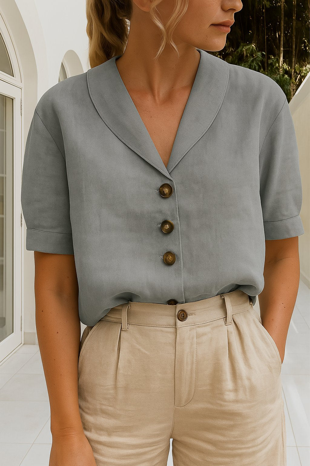 Blusa elegante de manga corta para mujer con cuello camisero. Prenda con botones, ideal para ropa de oficina y casual.