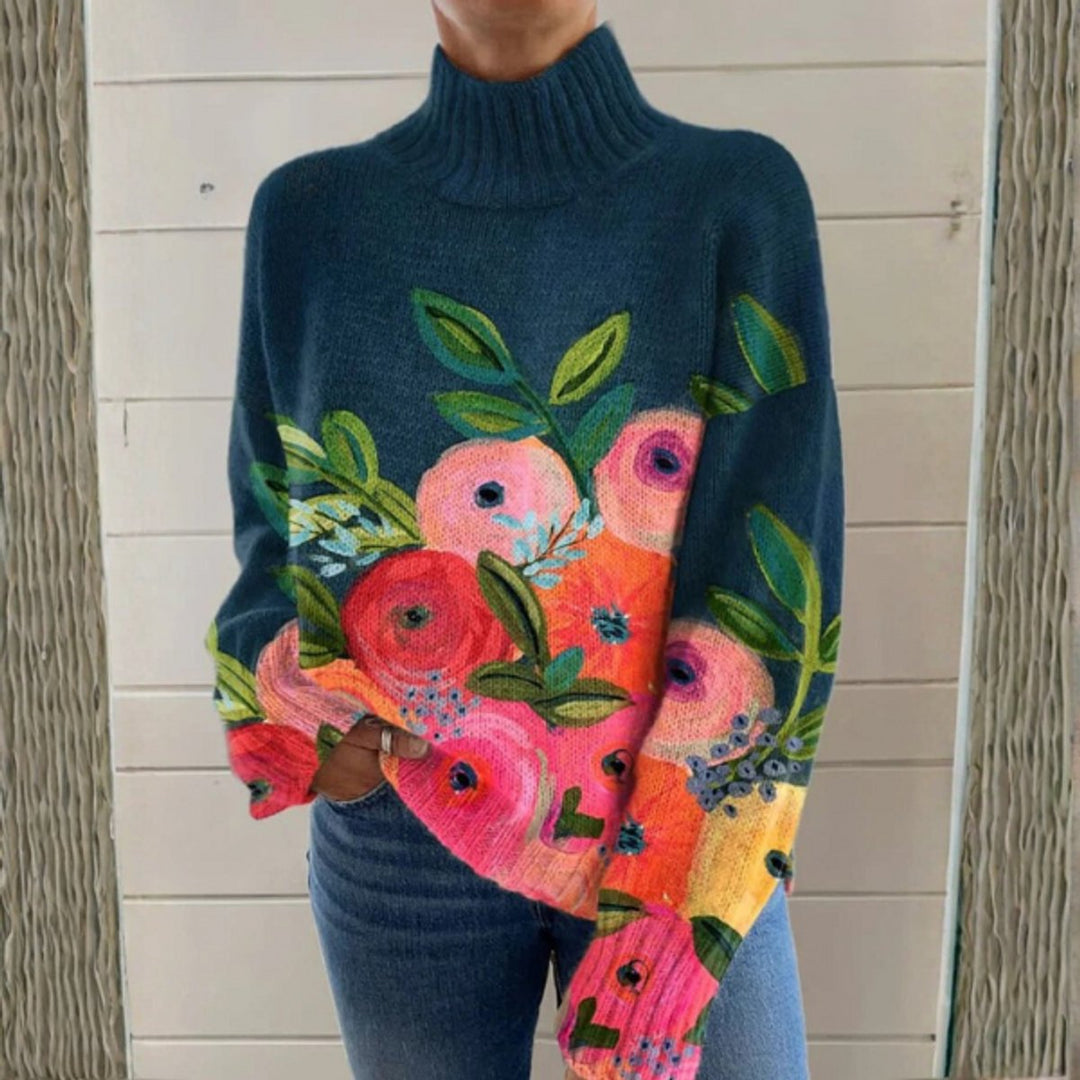 Suéter floral de cuello alto para mujer, multicolor y estampado. Estilo relajado y cómodo, ideal para moda de invierno.