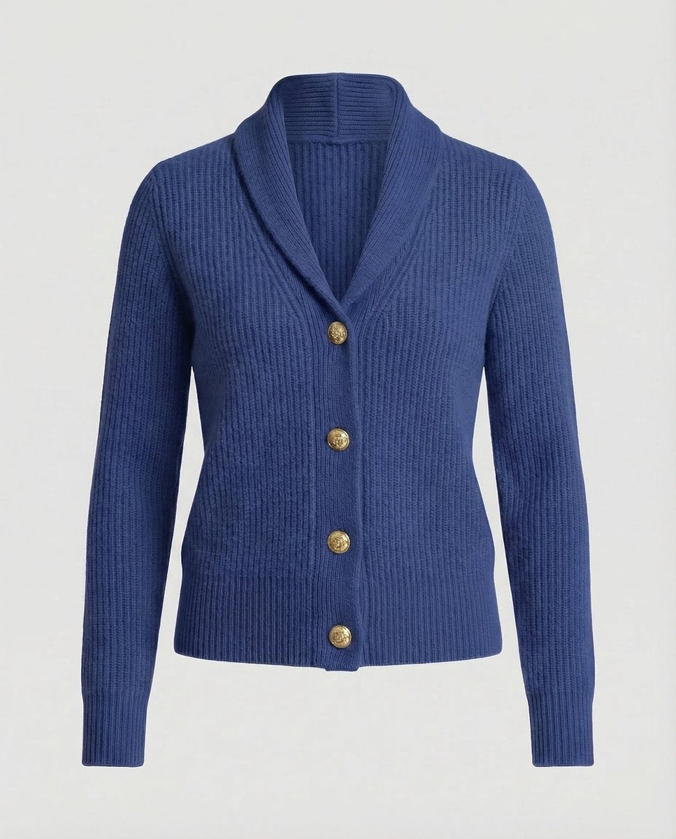Prenda de ropa: Cárdigan de punto acanalado y cuello solapa, esencial para la moda femenina de otoño.