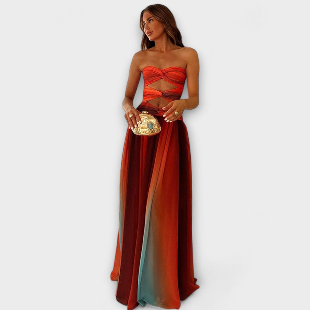 Vestido maxi palabra de honor para mujer con elegante degradado rojo, ideal para fiesta o eventos de verano.