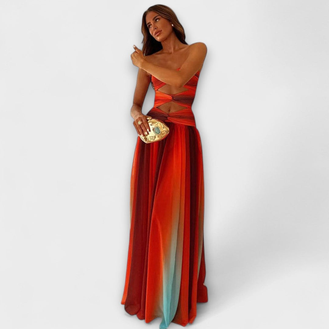 Elegante vestido maxi rojo con degradado, estilo palabra de honor para mujer. Moda femenina de fiesta.