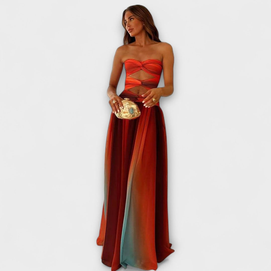Vestido de mujer maxi palabra de honor, diseño degradado elegante. Perfecto para fiesta y verano.