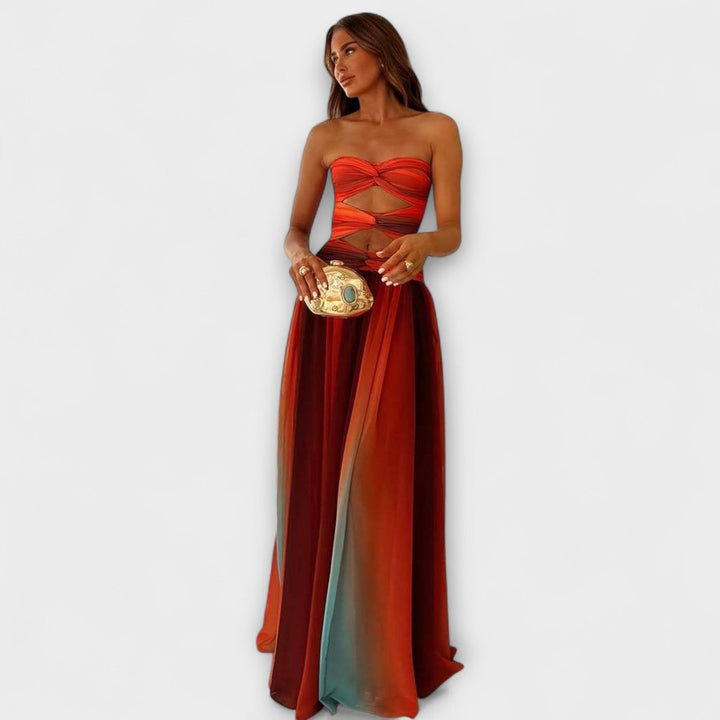 Vestido de mujer maxi palabra de honor, diseño degradado elegante. Perfecto para fiesta y verano.