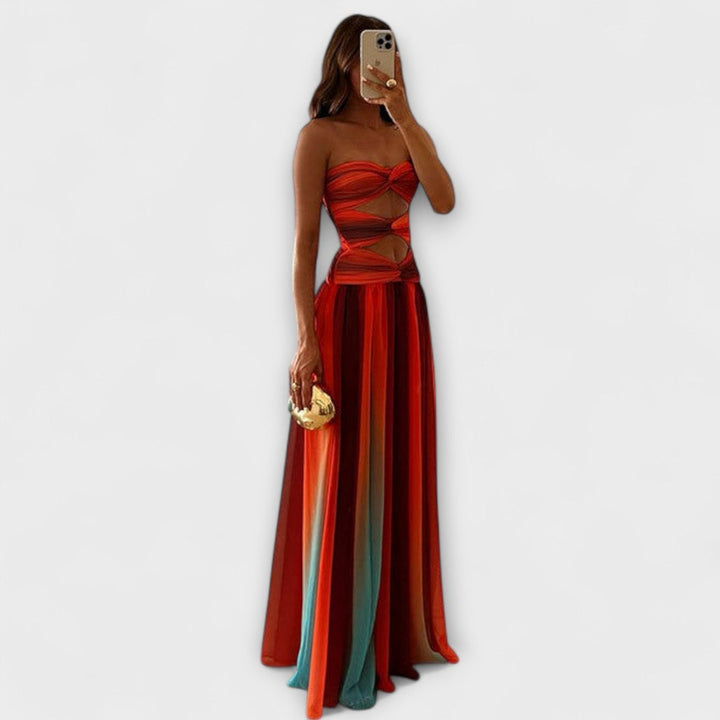 Vestido maxi rojo para mujer, palabra de honor con degradado. Prenda femenina elegante para eventos de verano.