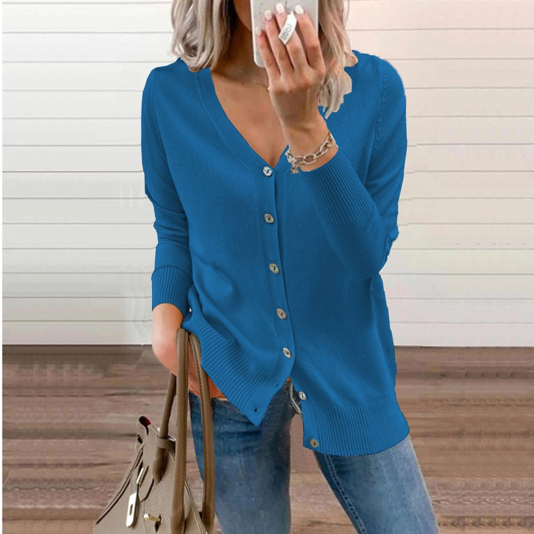 Cárdigan de punto para mujer, cuello V, versátil, ideal para moda casual y elegante de otoño/invierno.
