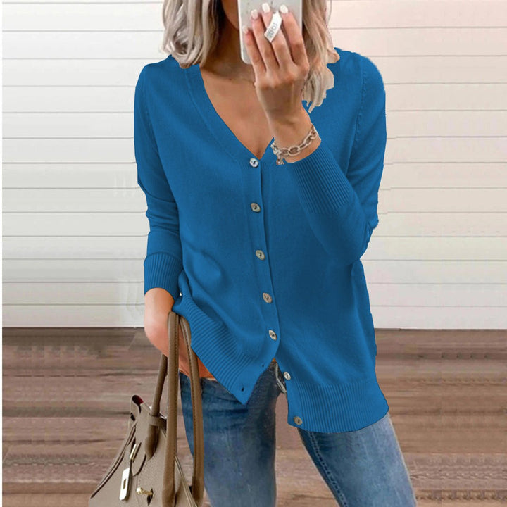 Cárdigan de punto para mujer, cuello V, versátil, ideal para moda casual y elegante de otoño/invierno.