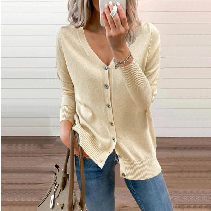 Chompa de punto para mujer, cárdigan con cuello V, versátil para la moda casual y elegante todo el año.