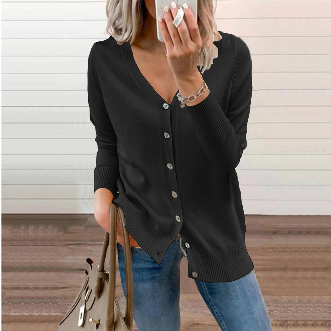 Cárdigan de punto versátil para mujer, cuello en V, ropa cómoda y chic para estaciones frías.