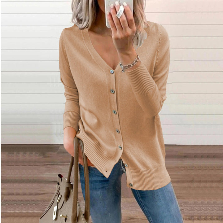 Chaqueta de punto de mujer, estilo cárdigan, cuello de pico, ideal para moda de otoño e invierno.