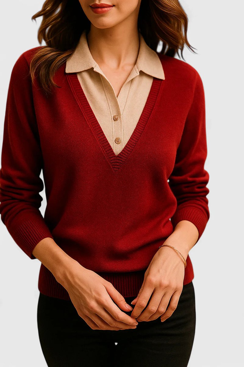 Vista frontal de suéter de punto de mujer. Cuello polo. Elegancia casual.