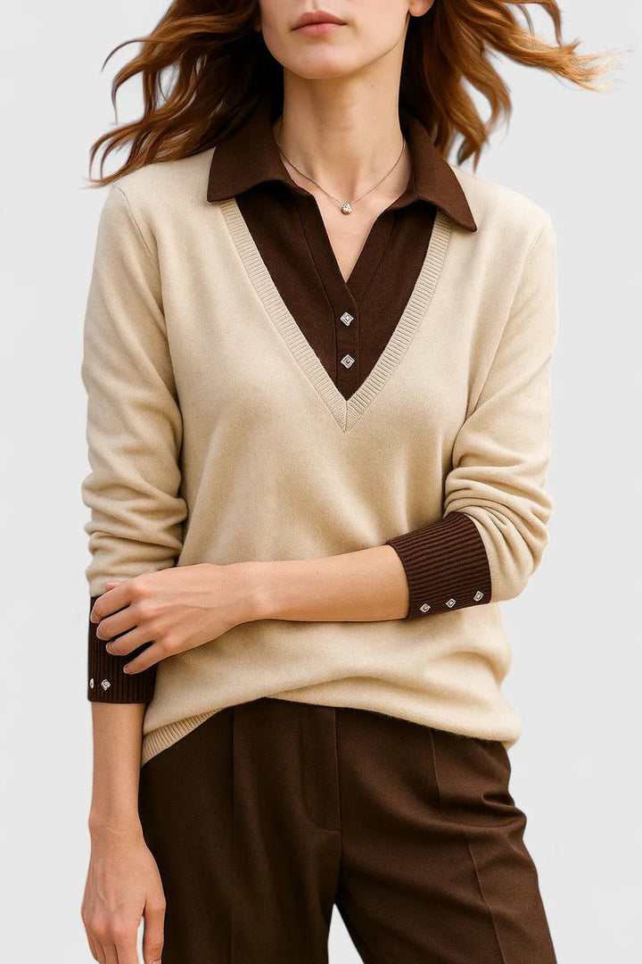Tejido de punto suave en jersey de mujer. Cuello polo y escote V. Otoño invierno.