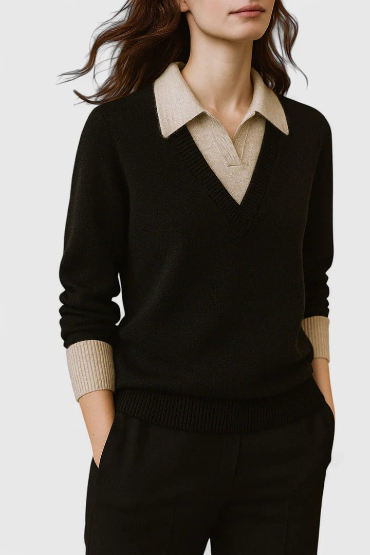 Primer plano del cuello polo y el escote V en suéter de punto femenino. Moda cómoda.