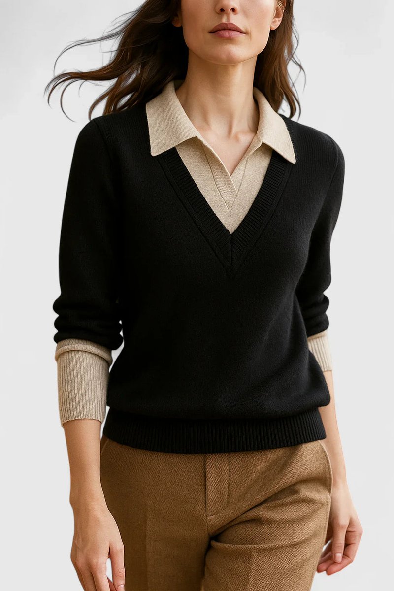 Suéter de punto para mujer, color neutro. Cuello polo. Estilo atemporal y versátil.
