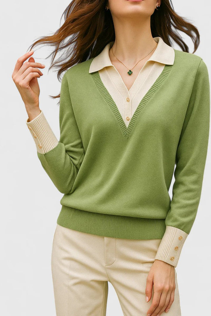 Jersey de punto, manga larga para mujer. Cuello polo y escote V. Comodidad y moda.