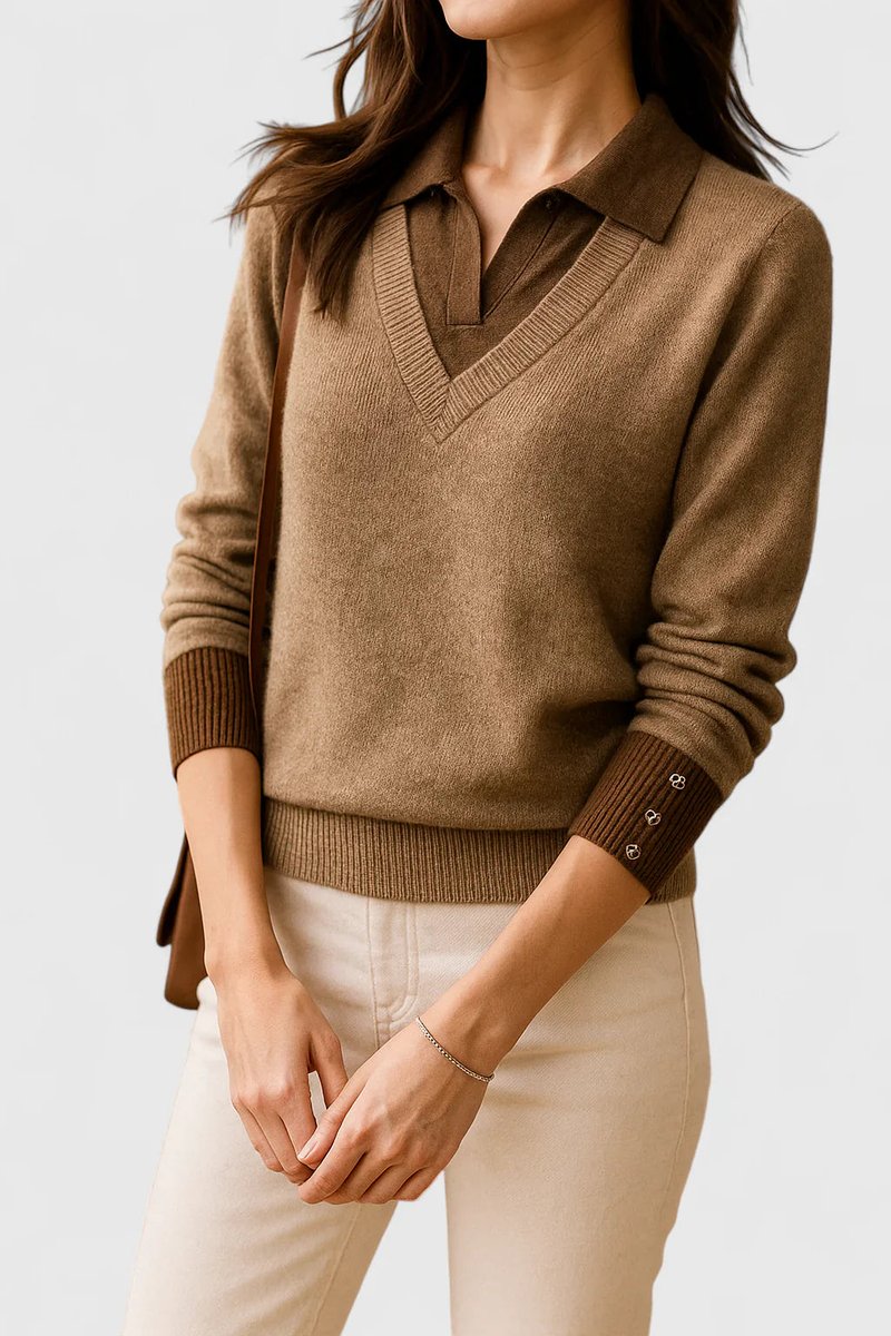 Suéter de punto casual para mujer. Cuello polo y escote V. Versátil para cualquier ocasión.