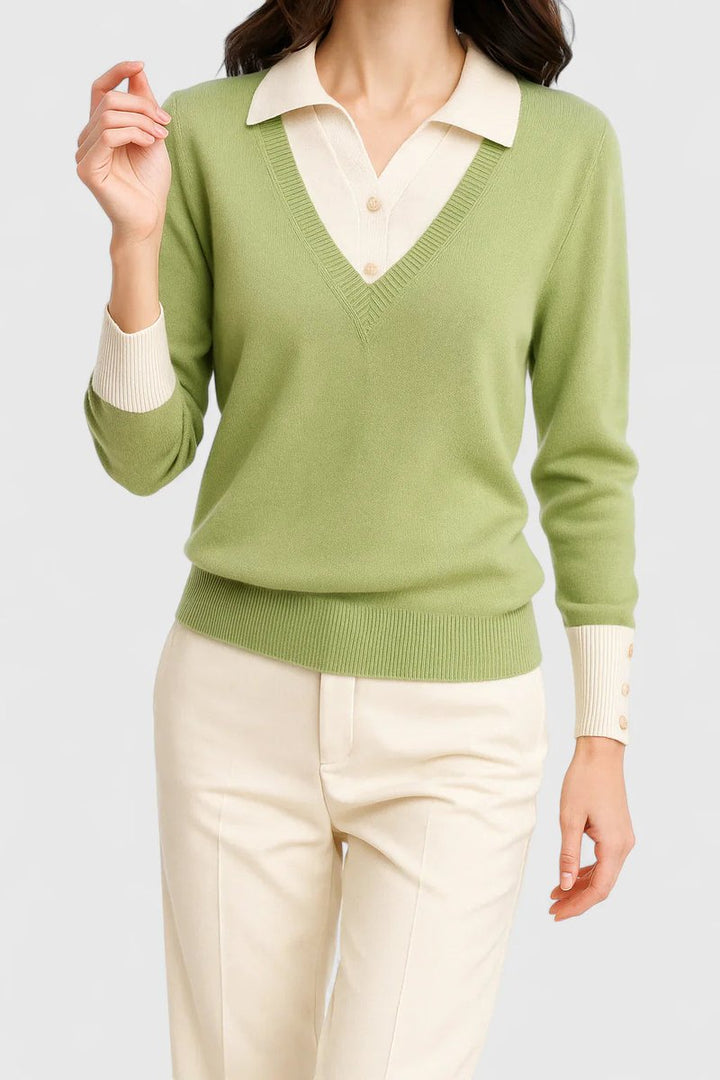 Suéter de punto cómodo para mujer. Manga larga y cuello polo. Moda femenina práctica.