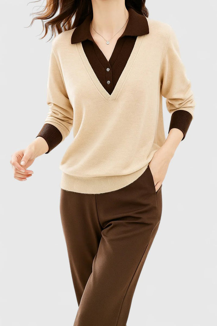 Mujer con suéter de punto. Cuello polo y escote V. Ropa casual para otoño e invierno.