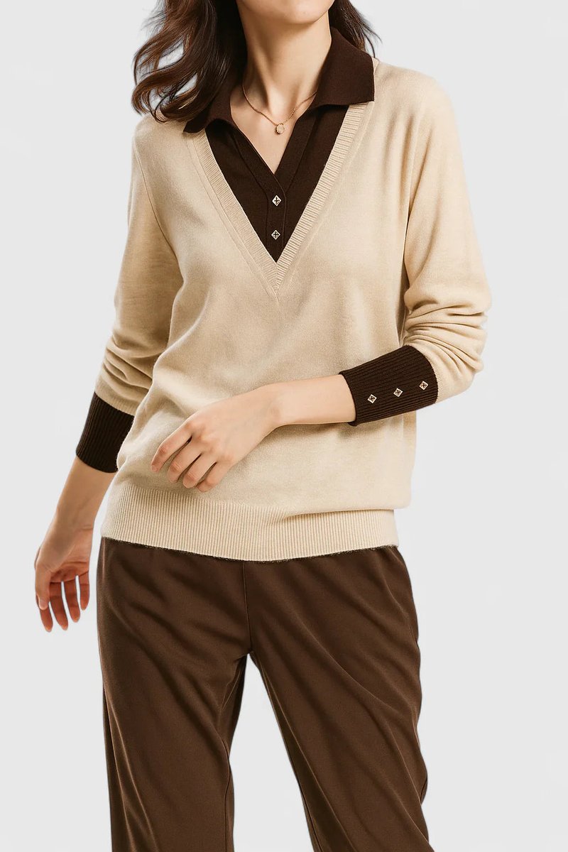 Suéter de punto para mujer, cuello polo y escote V. Estilo elegante para otoño invierno.