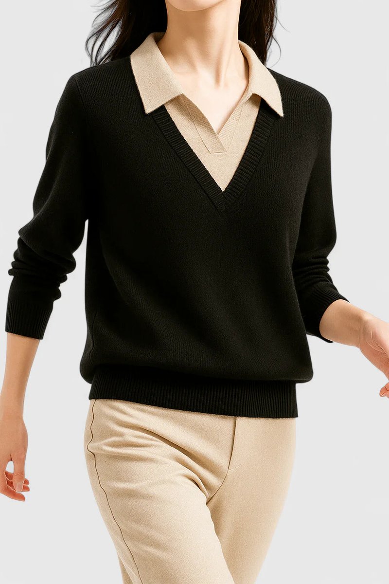 Moda femenina: suéter de punto con cuello polo y escote V. Versátil y confortable.