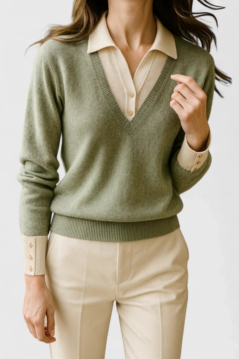 Detalle del cuello polo y escote V en suéter de punto para mujer. Tendencia actual.