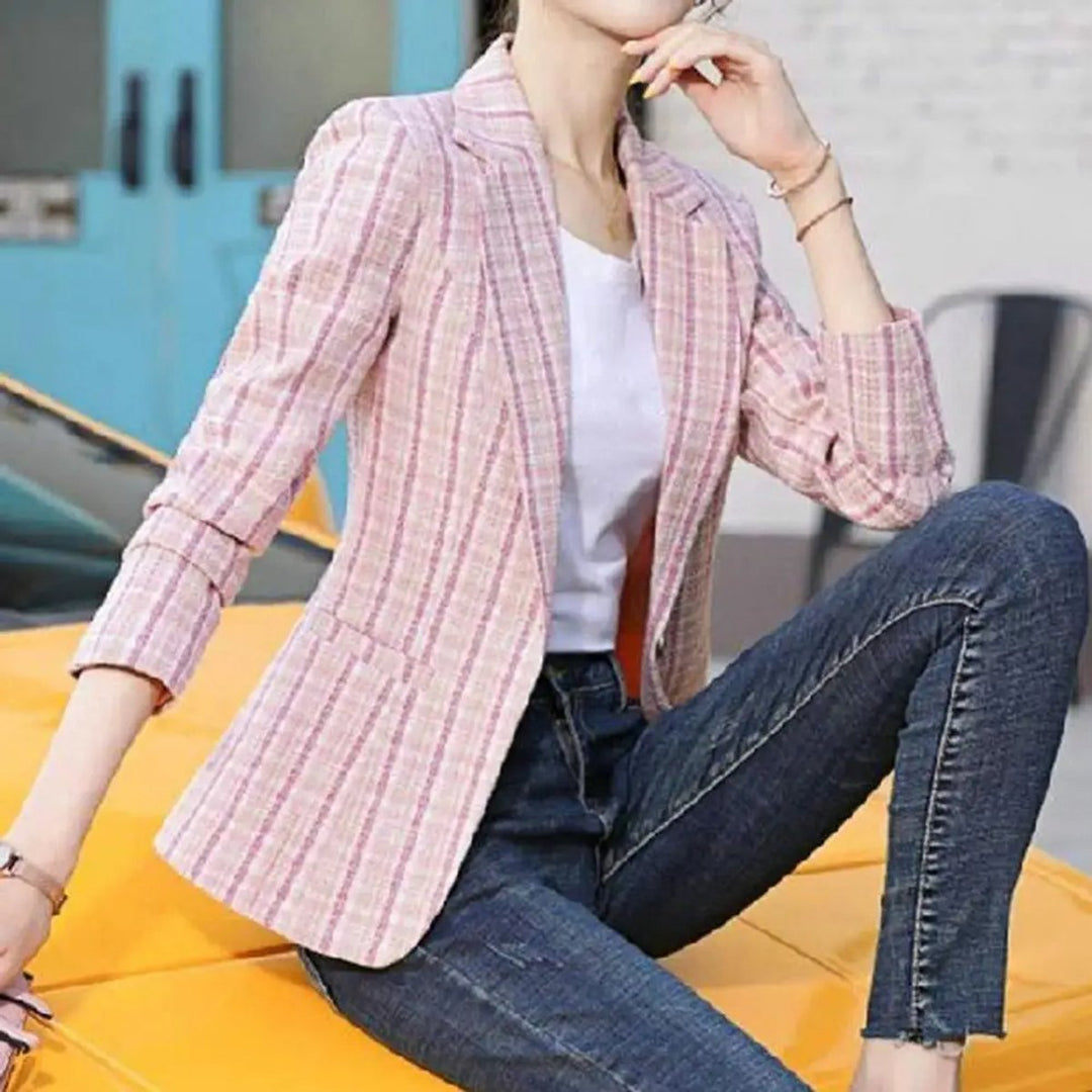 Chaleco blazer entallado de cuadros para mujer, elegante y versátil, ideal para oficina o moda chic.