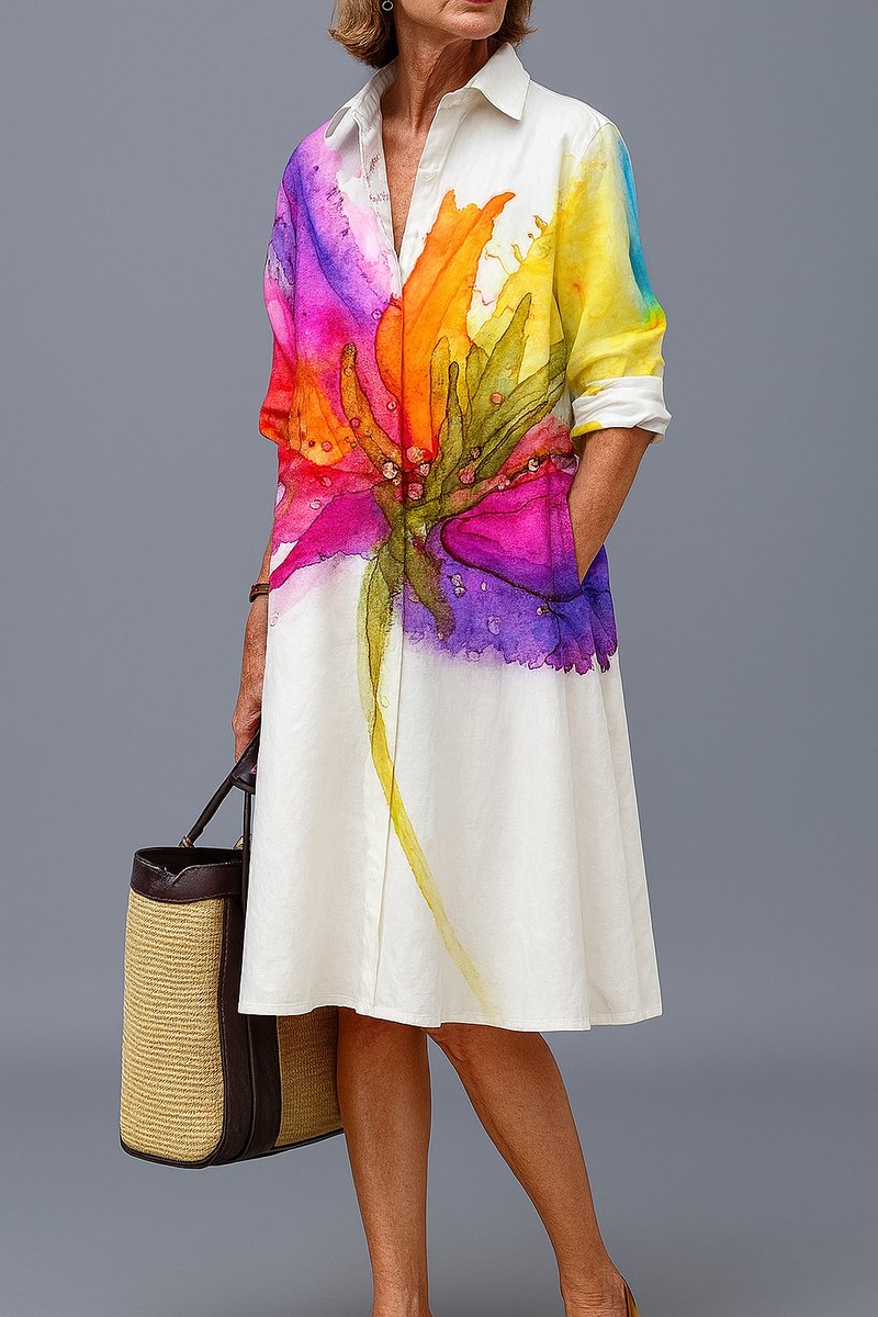 Vestido midi camisero blanco para mujer con estampado floral acuarela, elegante para verano y ocasiones casuales.