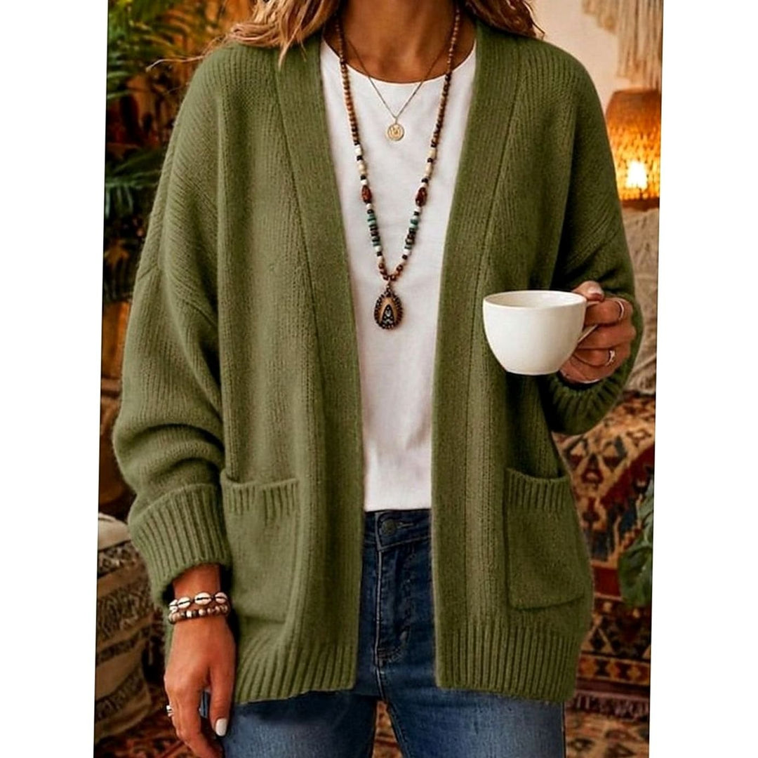 Cárdigan de punto abierto para mujer, estilo cómodo y relajado, con diseño sin botones y bolsillos.