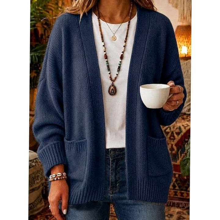 Suave cárdigan de punto abierto de mujer, corte relajado con bolsillos laterales, perfecto para cualquier ocasión.