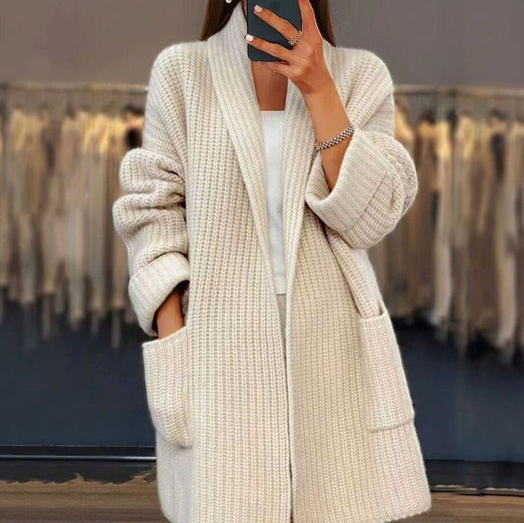 Cárdigan largo oversize de punto grueso para mujer, estilo relajado, con bolsillos.