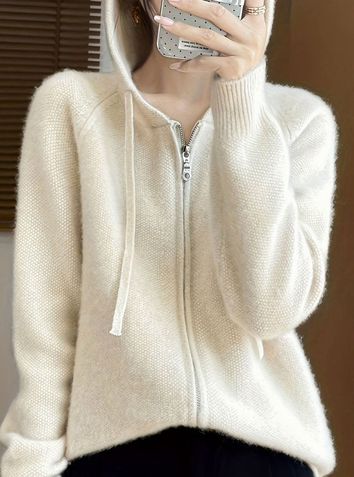 Cárdigan de punto suave con capucha y cremallera para mujer, estilo relajado y cómodo, moda femenina.