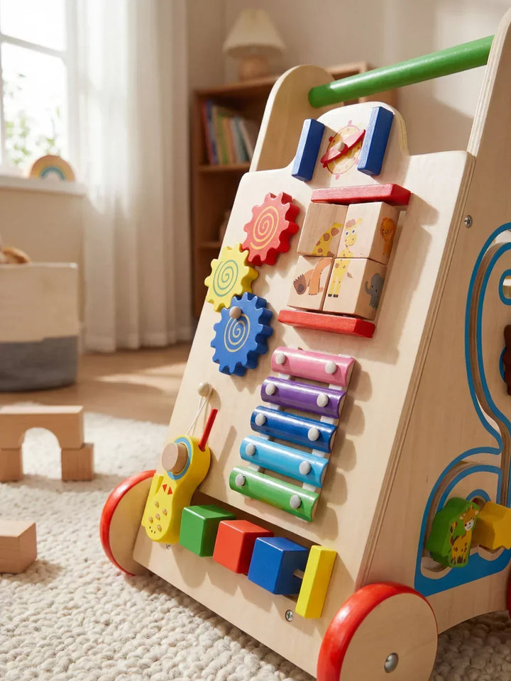Andador de madera con ruedas y panel de actividades multicolor para bebés, juguete seguro para sus primeros pasos.