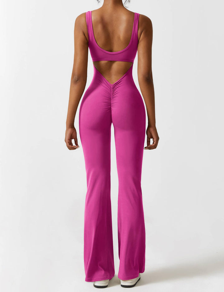 Mono elegante de moda, espalda en V y pierna acampanada, versátil para cualquier evento.