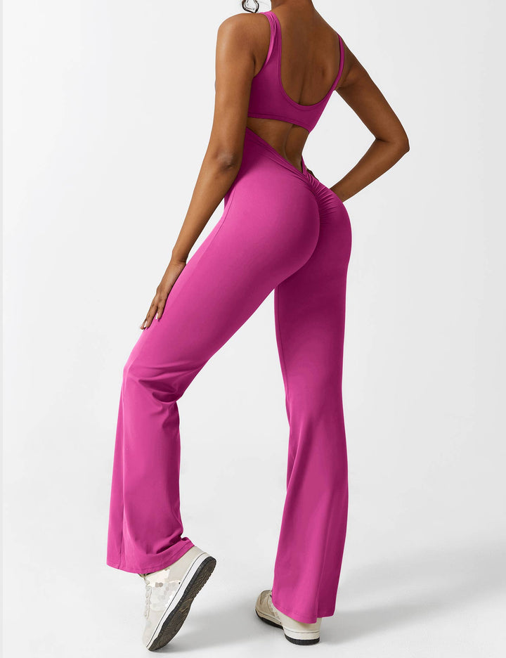 Jumpsuit elegante de mujer, espalda en V, pierna acampanada, para eventos formales.