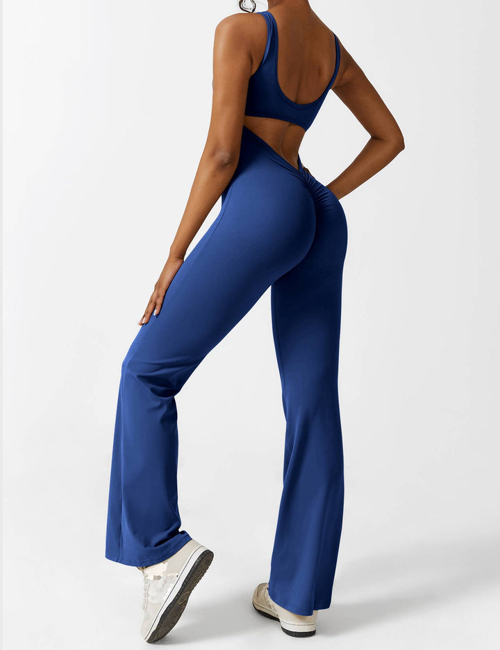 Mono elegante y moderno, espalda en V y pierna acampanada, para mujer.