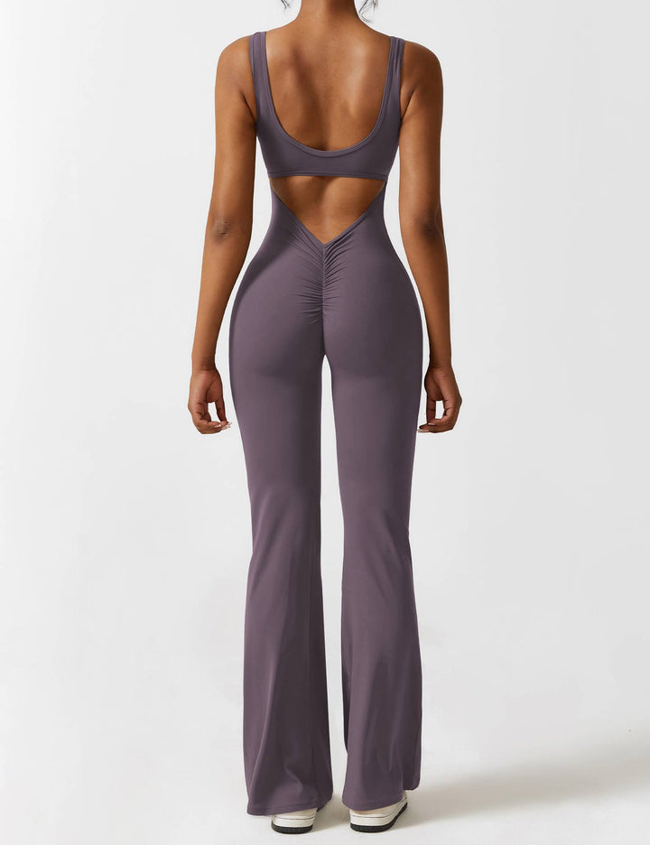Mono femenino con espalda en V, pierna acampanada, ropa elegante y cómoda.