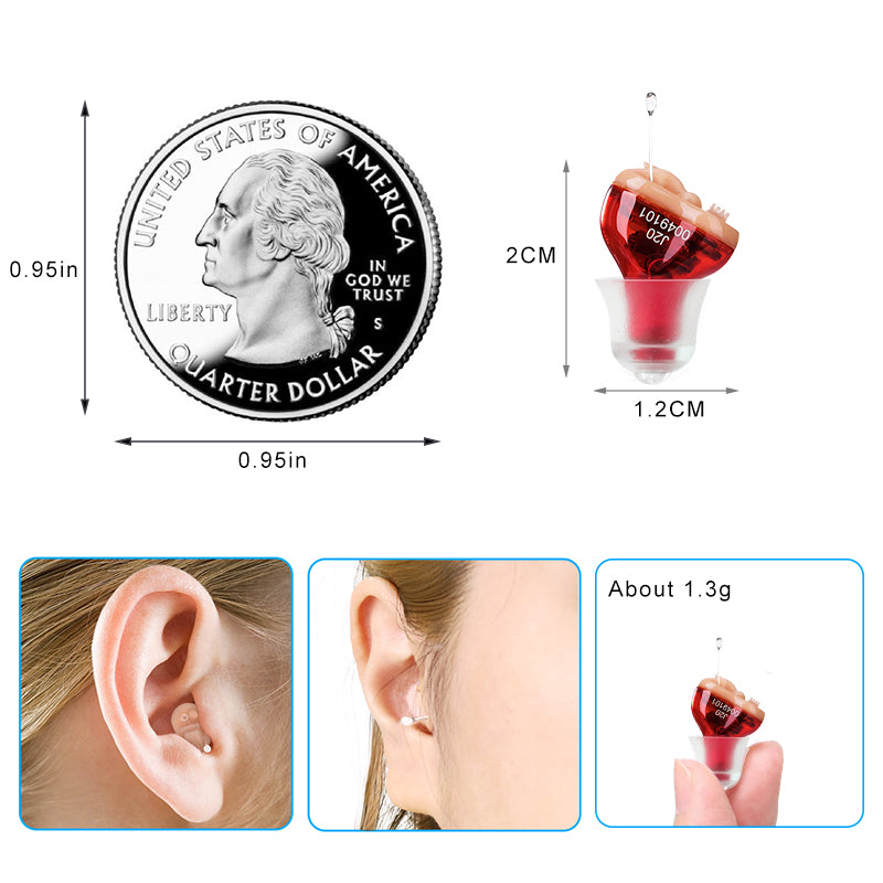 Ayuda auditiva discreta intraauricular, tecnología digital y cancelación de ruido.