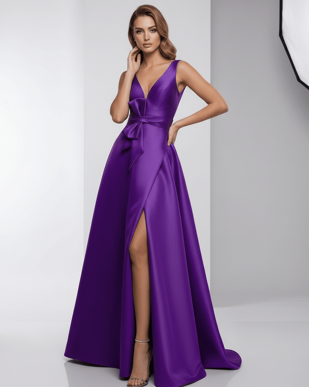 Vestido maxi Zafira de mujer en tono púrpura vibrante, con caída elegante para noche.