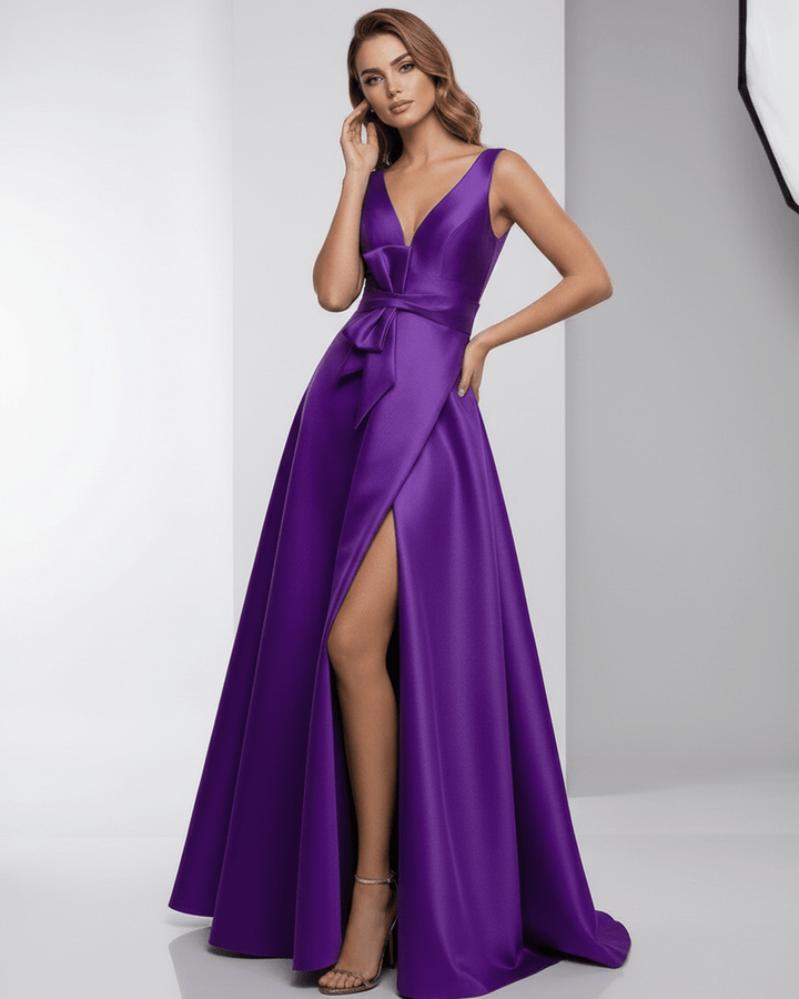 Vestido púrpura maxi para mujer, modelo Zafira, ideal para cenas de gala y eventos.
