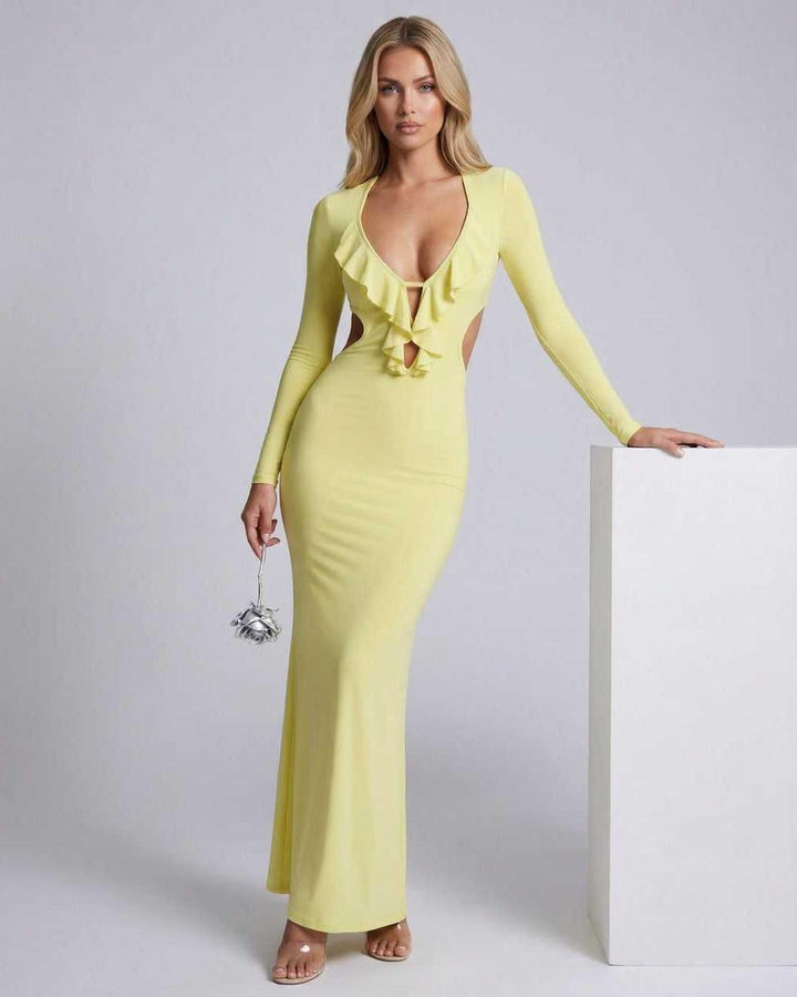 Vestido maxi blanco elegante para mujer con escote V pronunciado y sensual espalda abierta. Ideal para fiestas.
