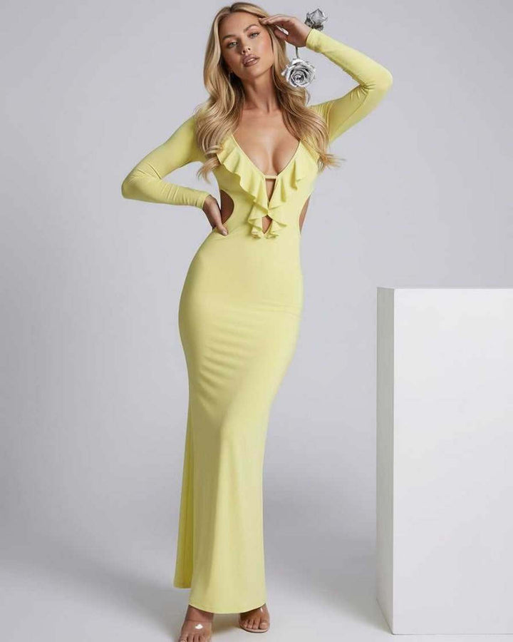 Vestido maxi blanco mujer, estilo elegante slim fit, con escote en V y espalda abierta. Tendencia de moda.