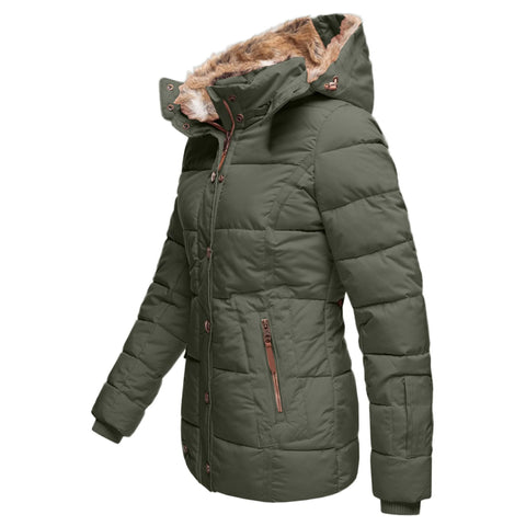Abrigo de invierno acolchado con capucha para mujer. Proporciona protección versátil contra el frío.