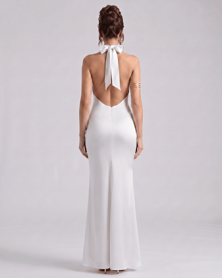 Vestido largo Zerelle estilo columna sin mangas, escote Halter. Perfecto para mujer elegante.